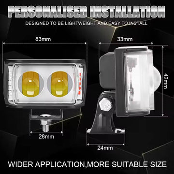 Motorcycle LED Work Light – 3-Side Mini Lens Super Bright Auxiliary Spotlight Fog Headlight 12V–80V