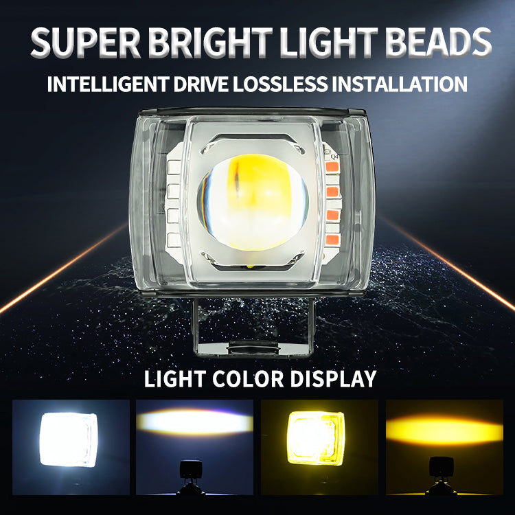 12V–80V Waterproof LED Car and  Motorcycle Light – Dual Color Yellow/White Front Position Headlight with Strobe for E-Bikes & Motorbikes