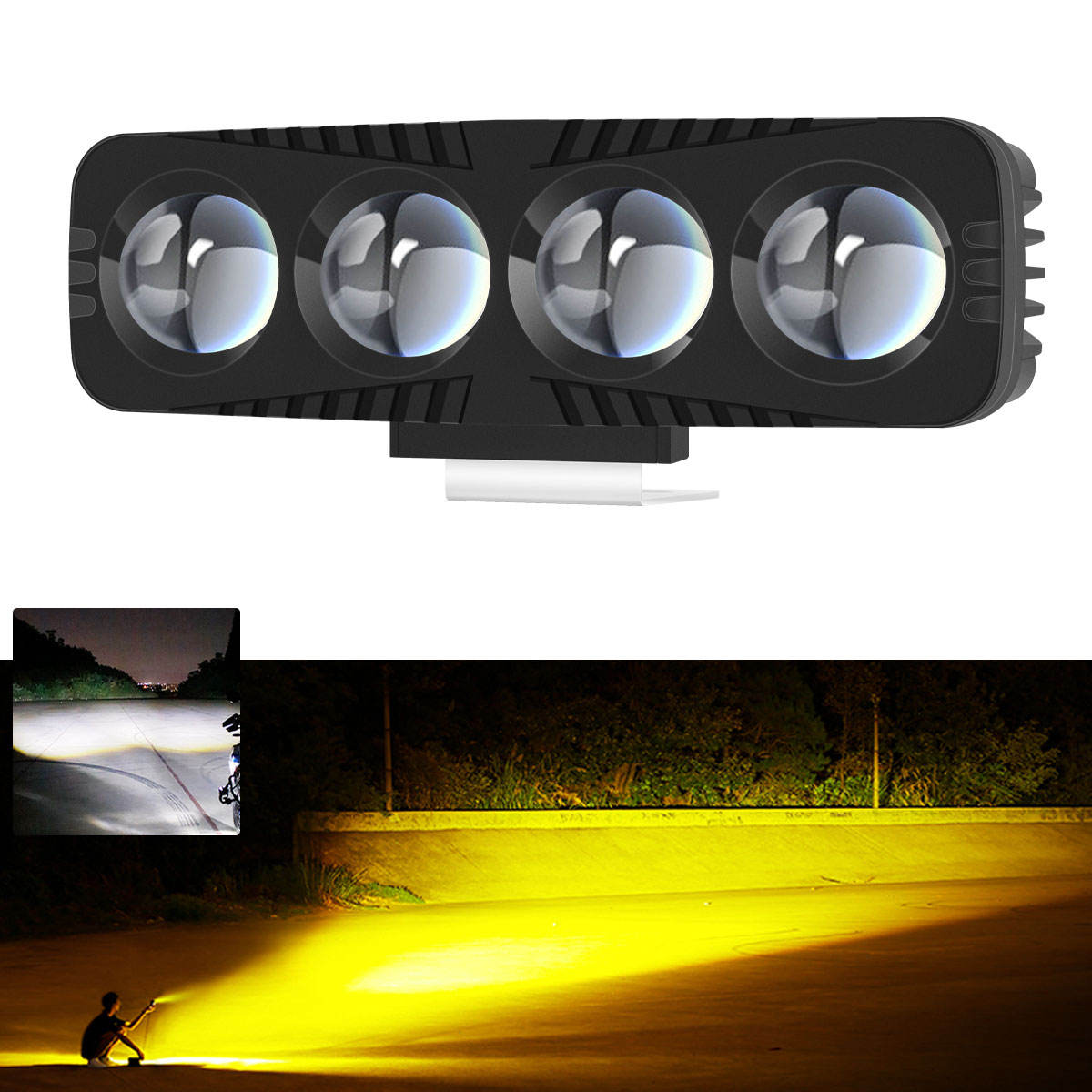4-Lens LED Motorcycle Projector Light – Dual Color High Bright Mini Laser Driving Headlight with Flash Mode Spotlight Lamp