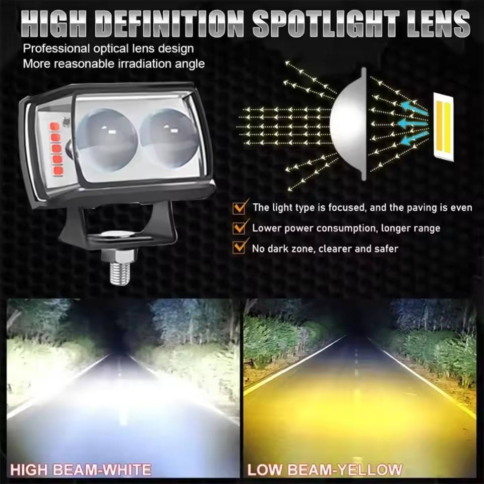 Motorcycle LED Work Light – 3-Side Mini Lens Super Bright Auxiliary Spotlight Fog Headlight 12V–80V