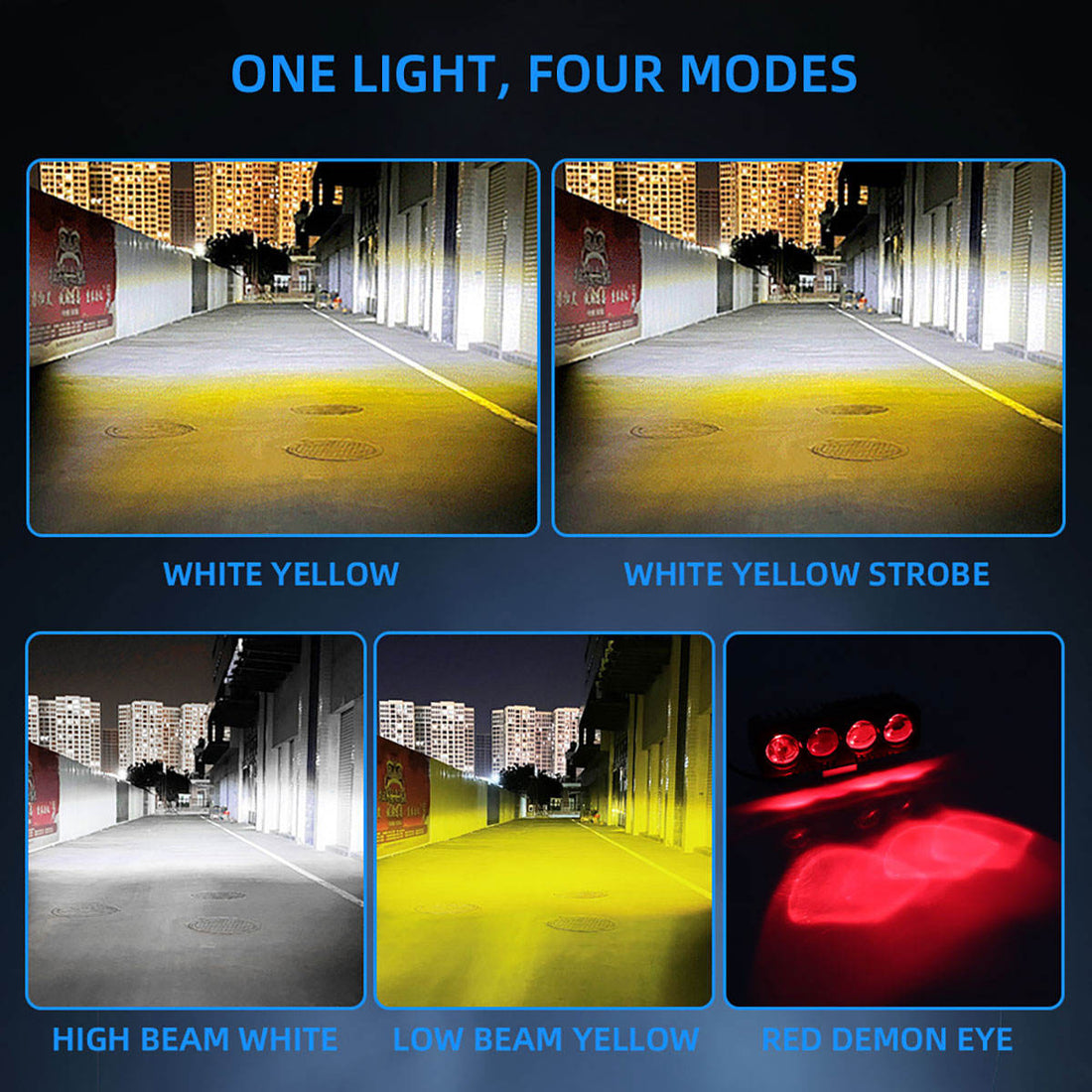 4-Lens LED Motorcycle Projector Light – Dual Color High Bright Mini Laser Driving Headlight with Flash Mode Spotlight Lamp