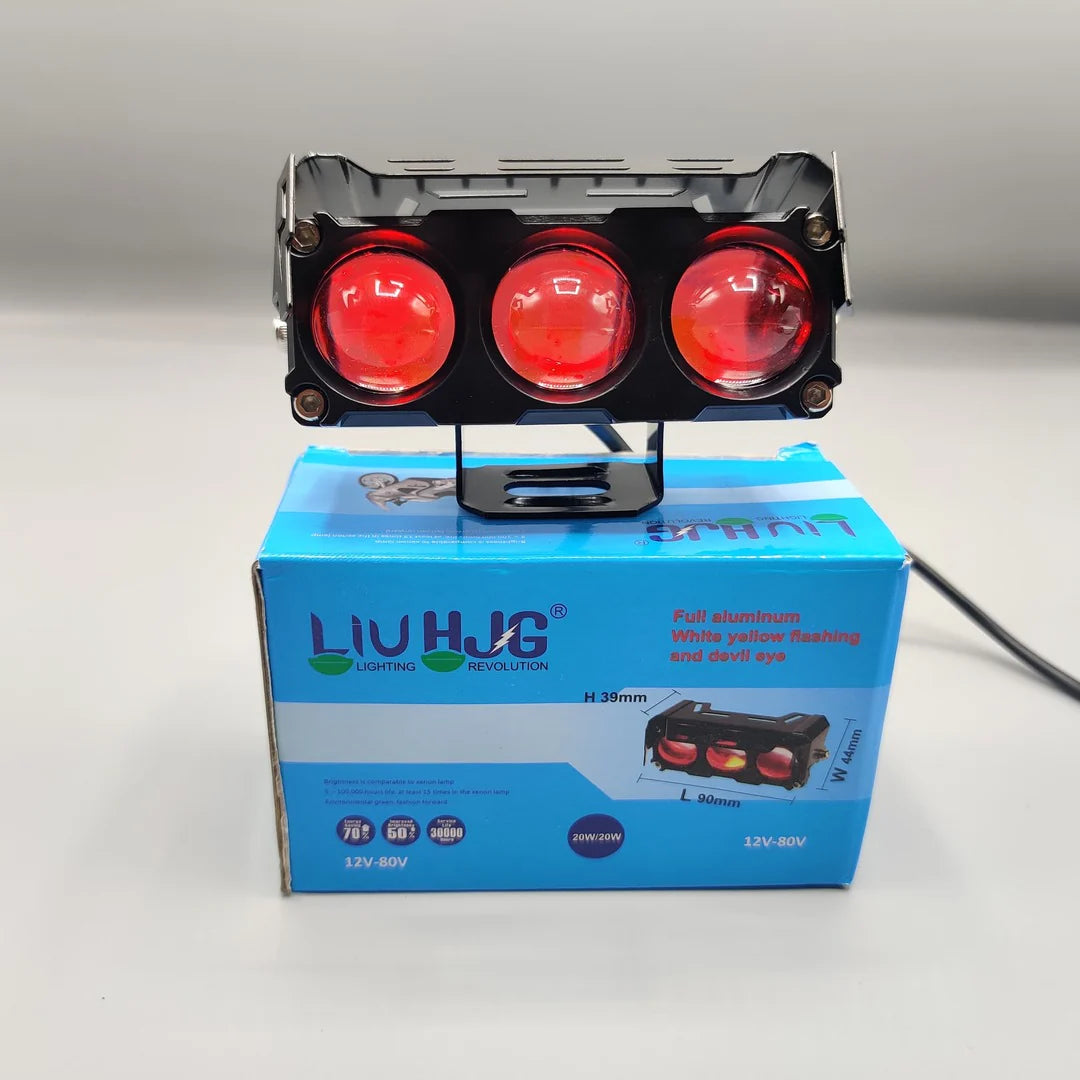 HJG 3 Lens Devil Eye Motorcycle LED Light – Dual Color White & Yellow Spotlight with Metal Body (1PC)
