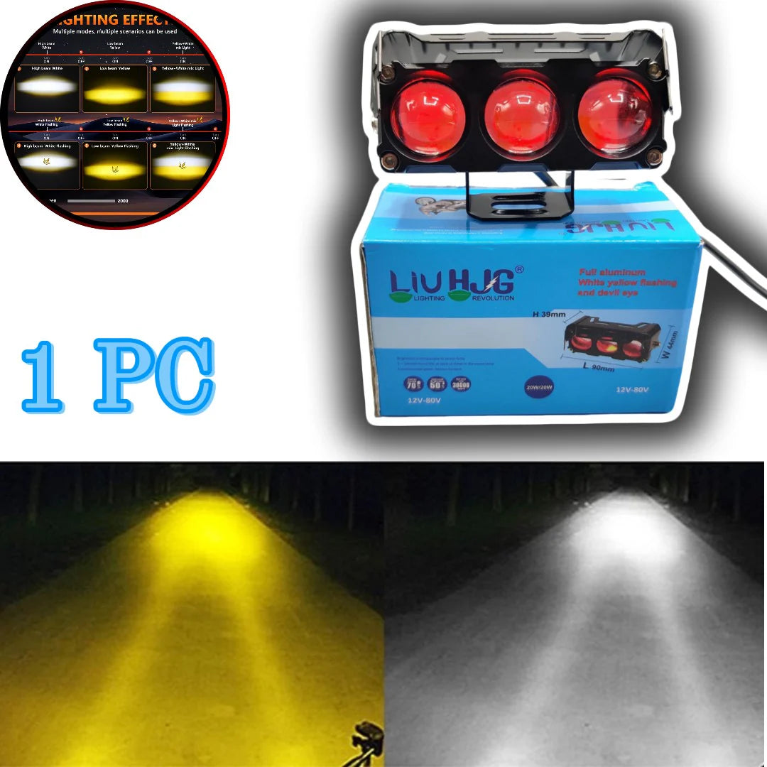 HJG 3 Lens Devil Eye Motorcycle LED Light – Dual Color White & Yellow Spotlight with Metal Body (1PC)