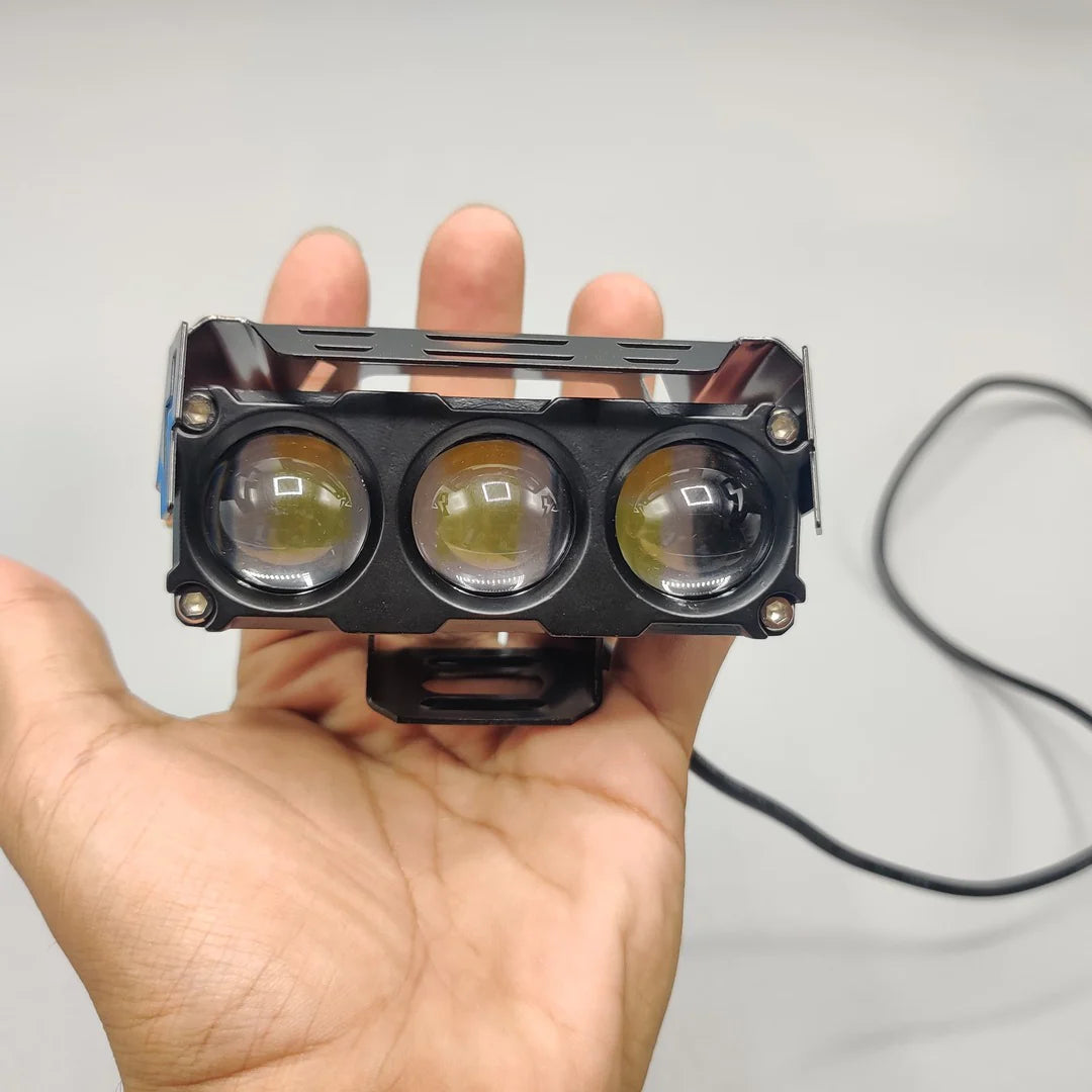 HJG 3 Lens Devil Eye Motorcycle LED Light – Dual Color White & Yellow Spotlight with Metal Body (1PC)