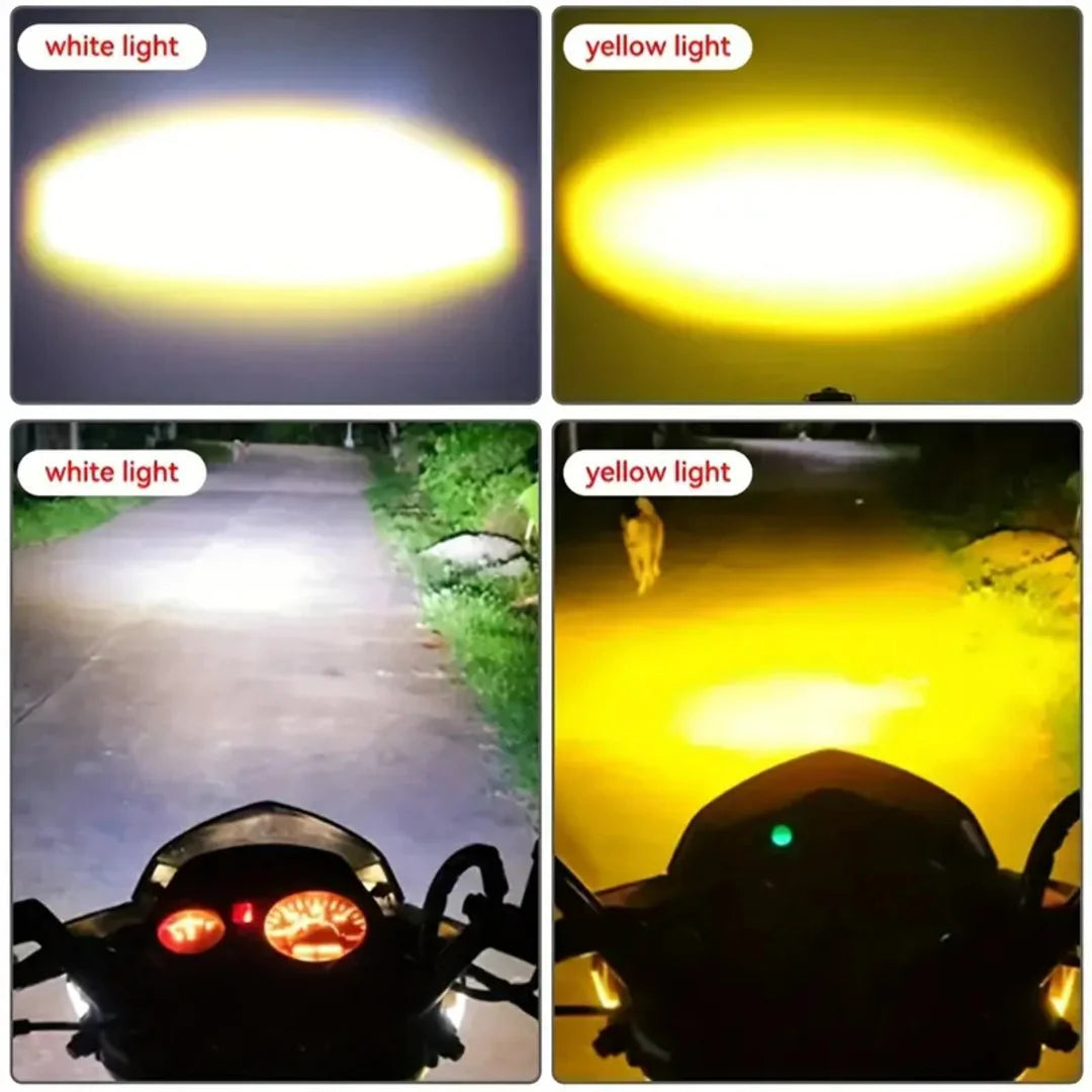 2PCS Mini Motorcycle Driving Fog Lights – Dual Color White & Yellow LED Spotlights with High/Low Beam + Free Switch