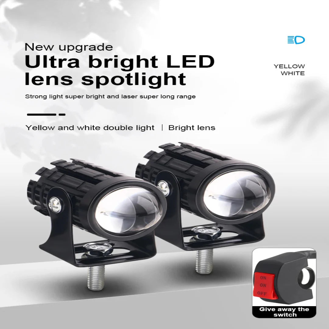 2PCS Mini Motorcycle Driving Fog Lights – Dual Color White & Yellow LED Spotlights with High/Low Beam + Free Switch