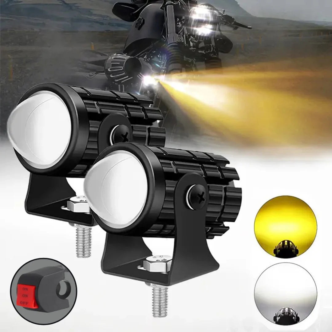 2PCS Mini Motorcycle Driving Fog Lights – Dual Color White & Yellow LED Spotlights with High/Low Beam + Free Switch